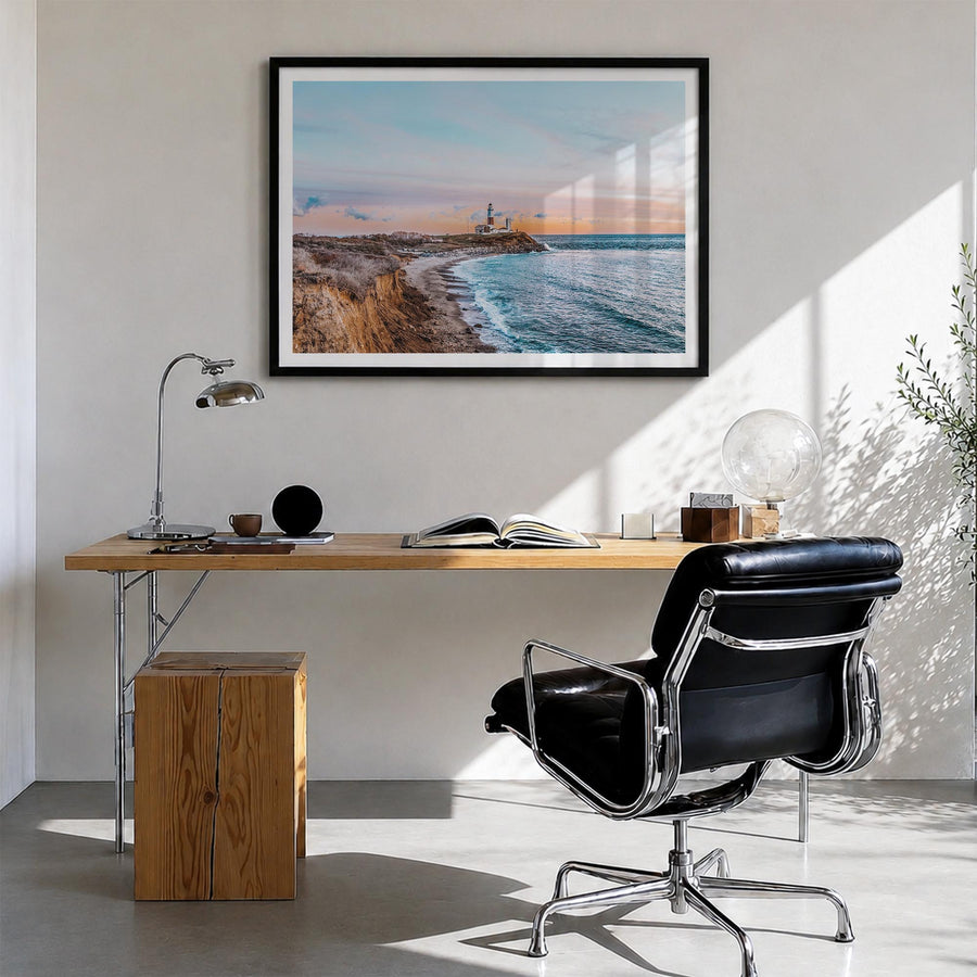The Hamptons colorful photo poster of Long Island, New York – horizontal wall art in black wood frame with white border, hang