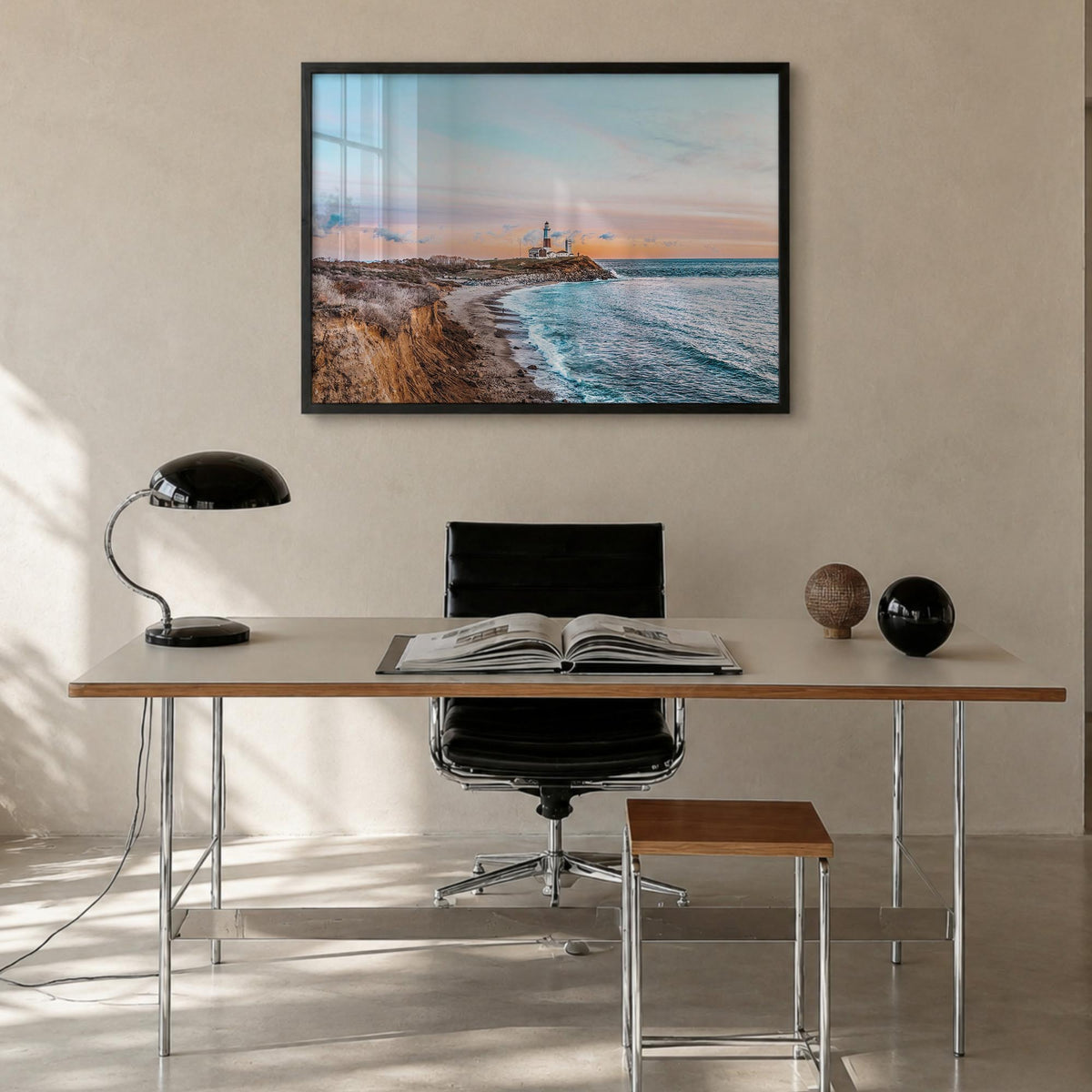 The Hamptons colorful photo poster of Long Island, New York – horizontal wall art in black wood frame, hanging on wall