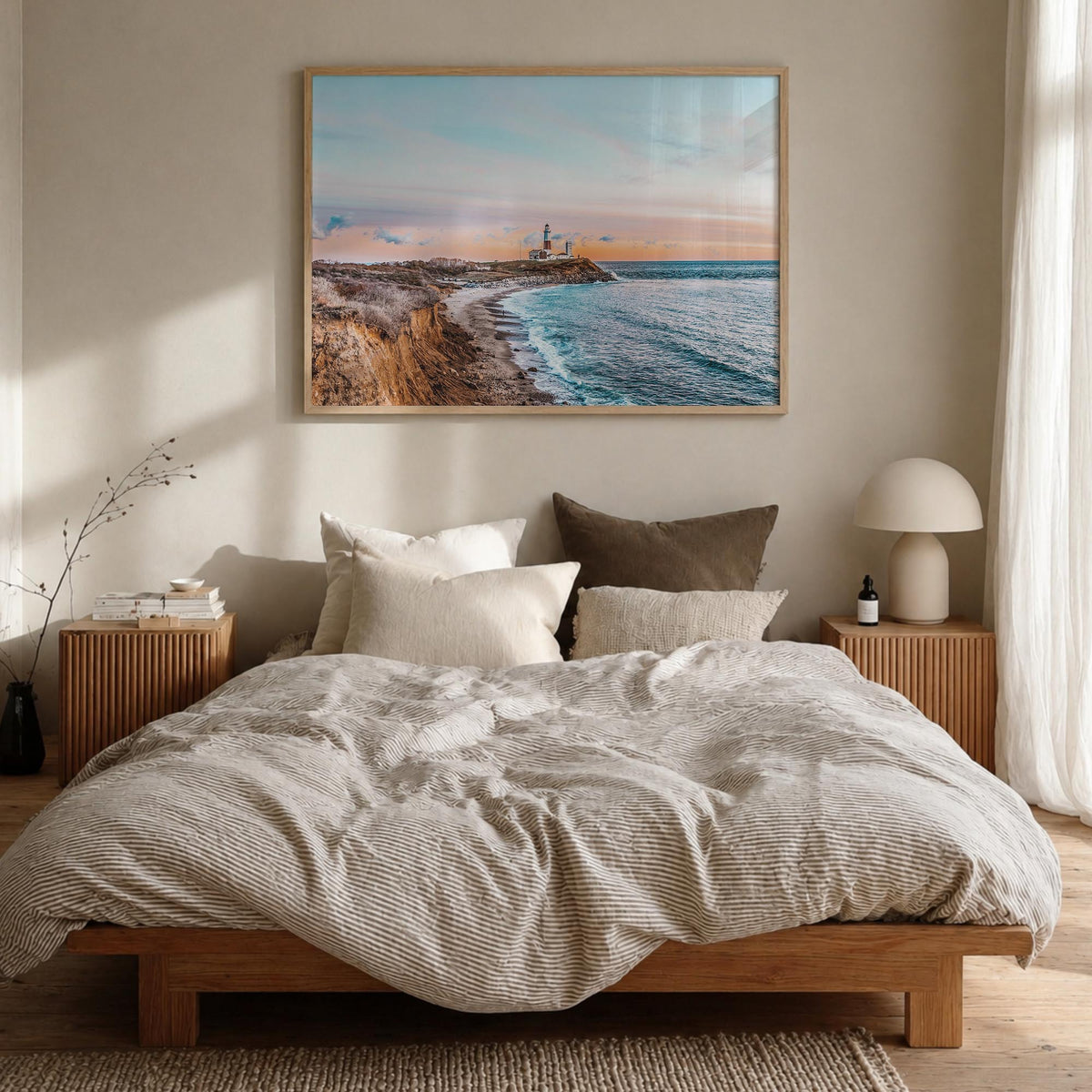 The Hamptons colorful photo poster of Long Island, New York – horizontal wall art in natural wood frame, hanging on wall
