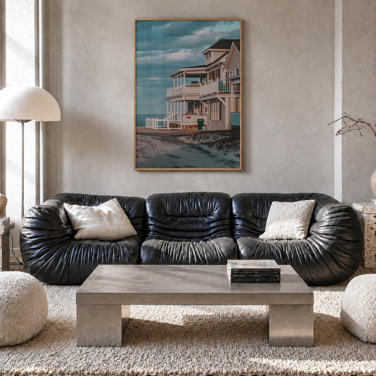 The Hamptons colorful photo poster of Long Island, New York – vertical wall art in natural wood frame, hanging on wall