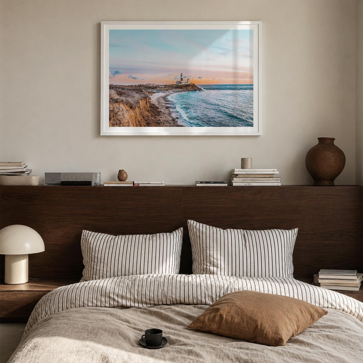 The Hamptons colorful photo poster of Long Island, New York – horizontal wall art in white wood frame with white border, hang