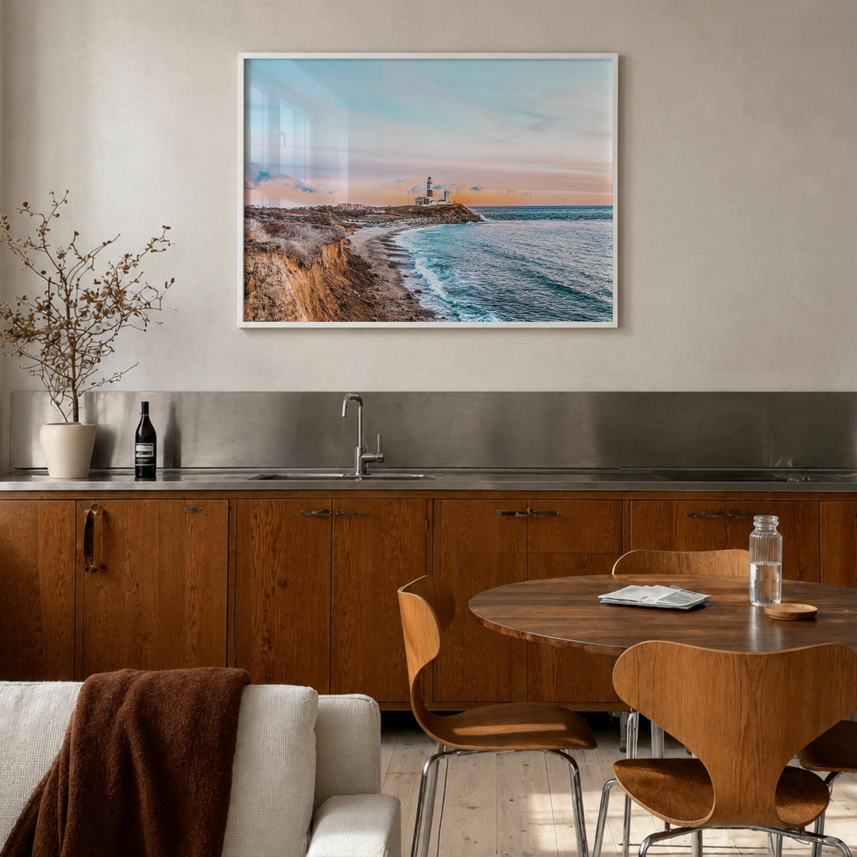 The Hamptons colorful photo poster of Long Island, New York – horizontal wall art in white wood frame, hanging on wall