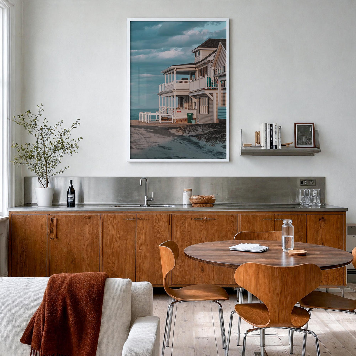 The Hamptons colorful photo poster of Long Island, New York – vertical wall art in white wood frame, hanging on wall