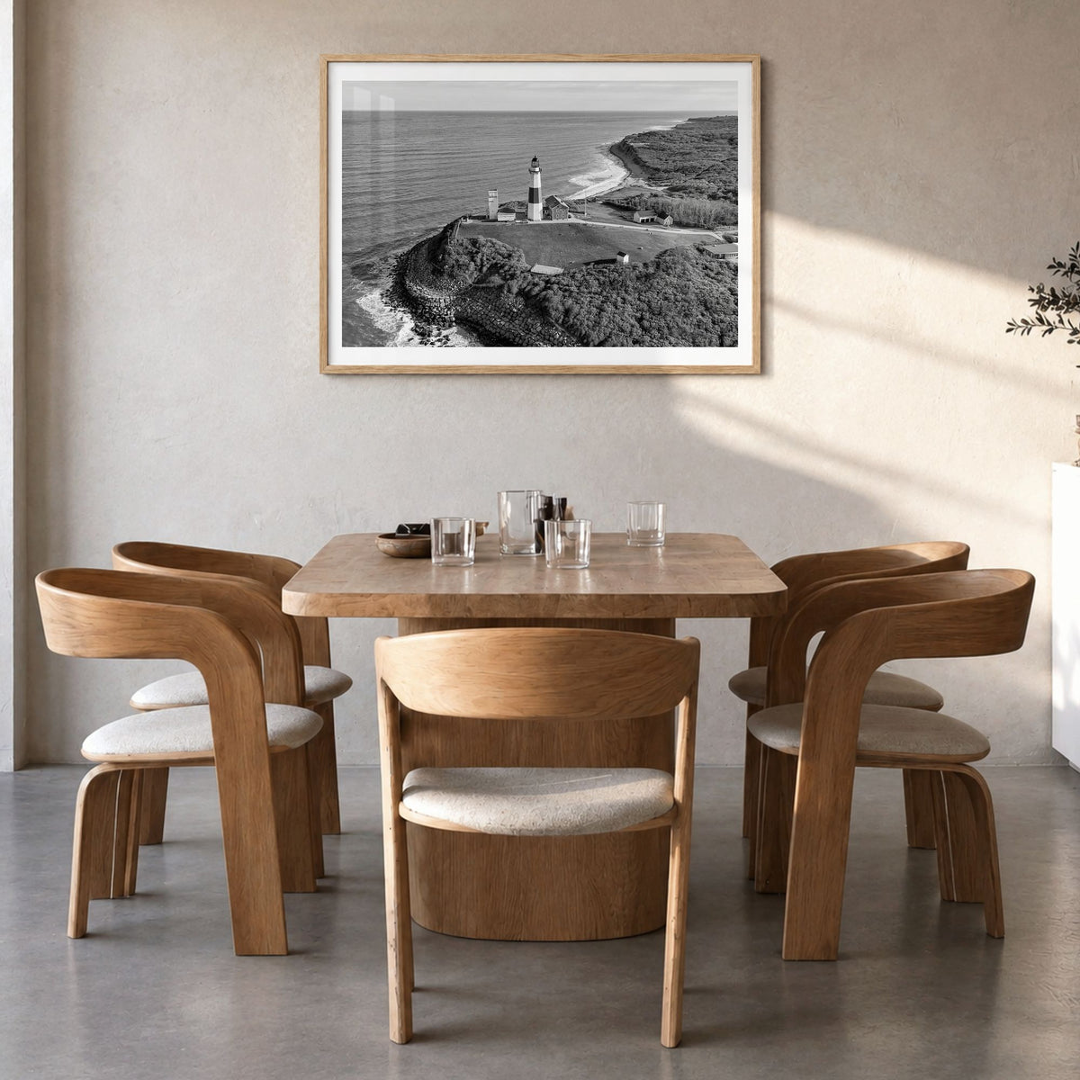 The Hamptons Photo Poster in a natural wood frame, hanging in a dining room, white border