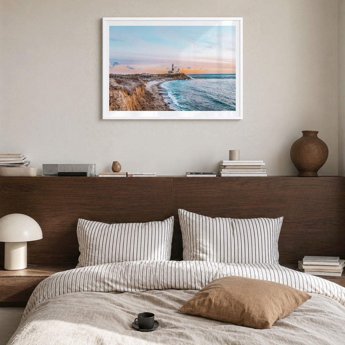 The Hamptons Photo Poster in a white wood frame, hanging in a bedroom, white border