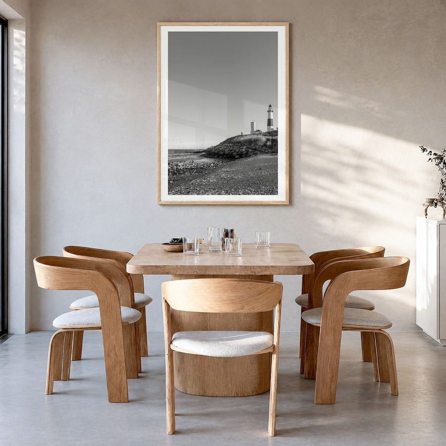 The Hamptons Photo Poster in a natural wood frame, hanging in a dining room, white border