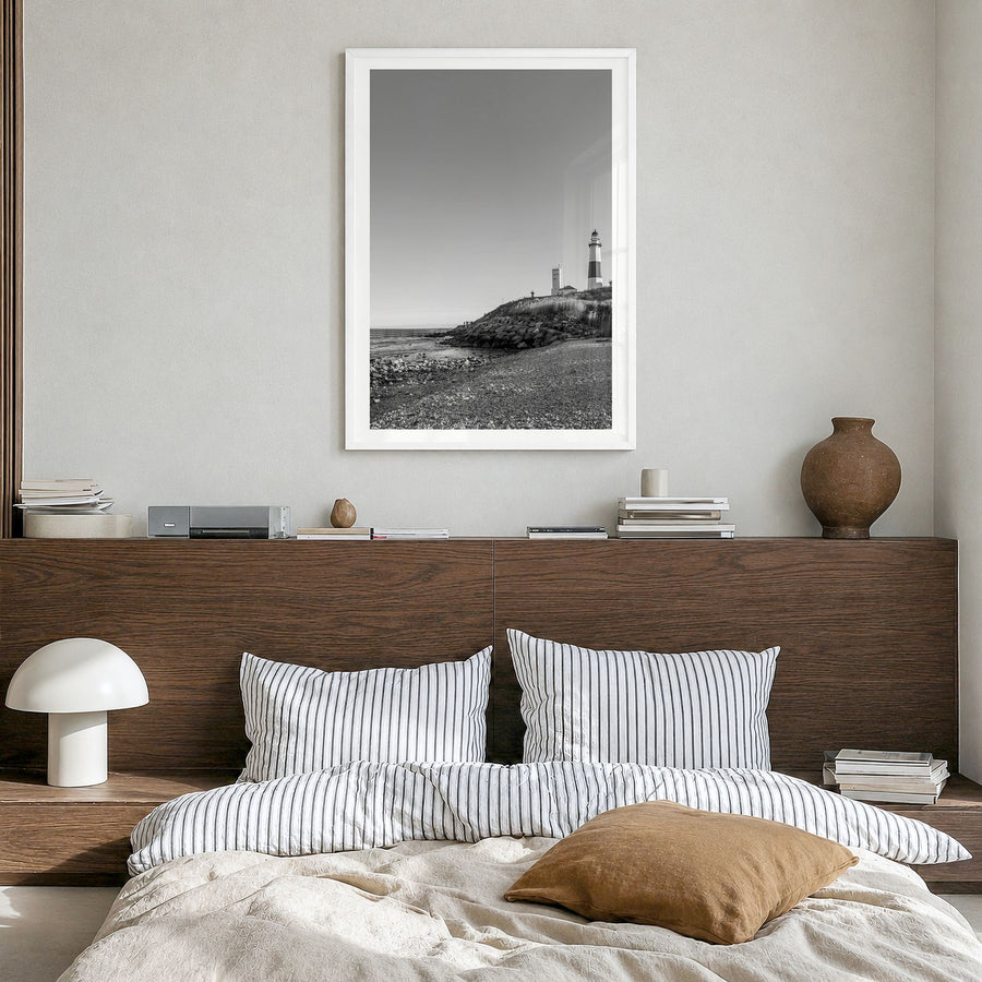The Hamptons Photo Poster in a white wood frame, hanging in a bedroom, white border