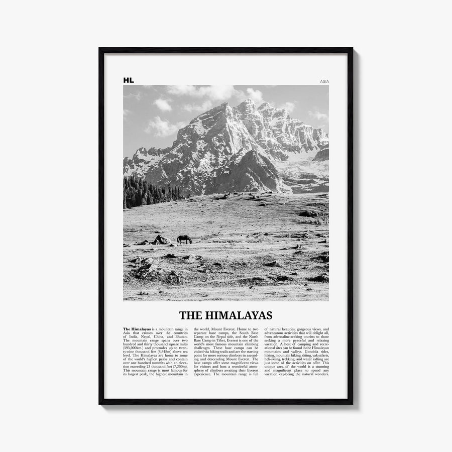 The Himalayas black & white newspaper poster of Asia – vertical wall art, unframed print shown in interior mockup