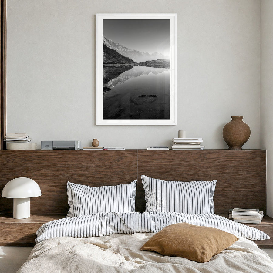 The Himalayas Photo Poster in a white wood frame, hanging in a bedroom, white border