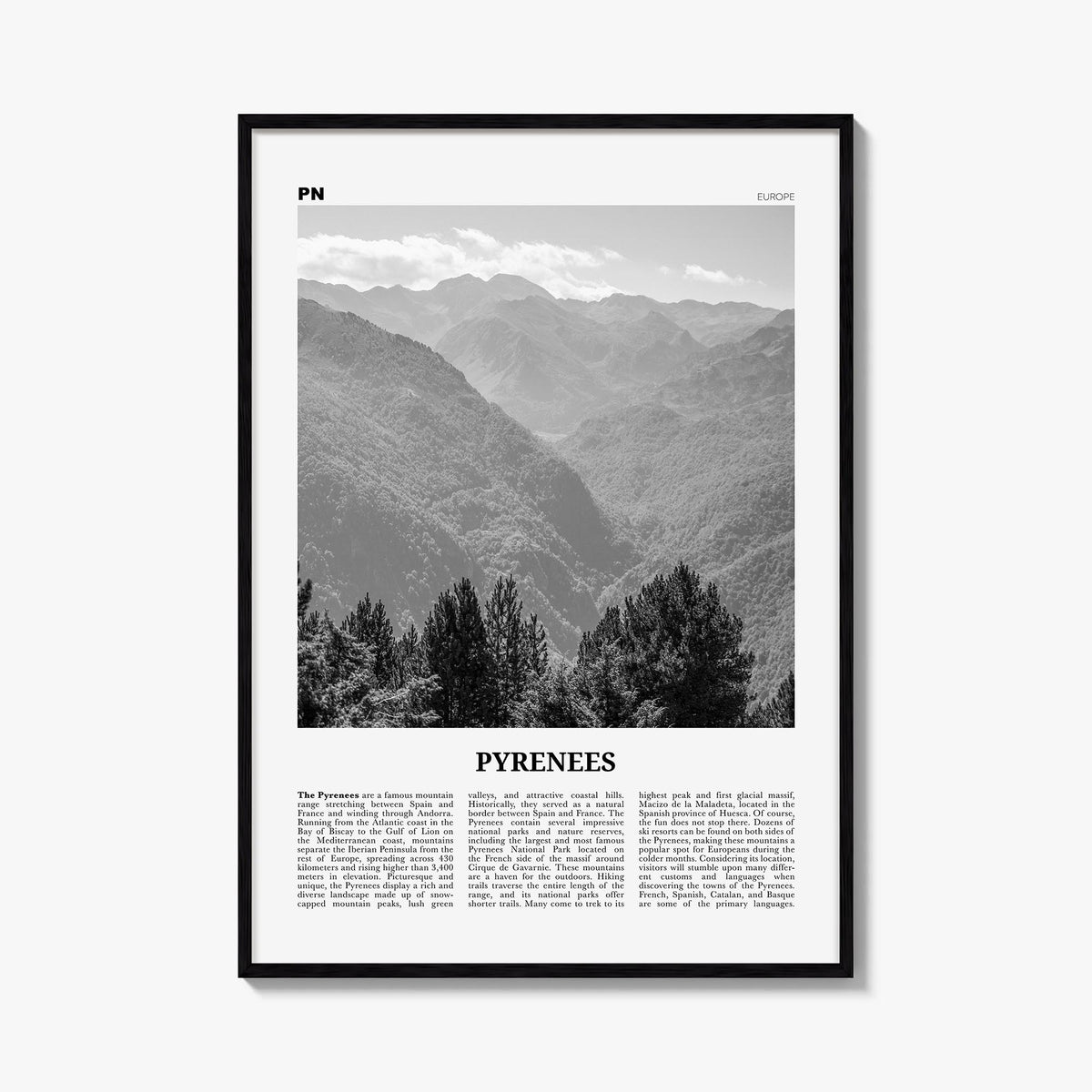 The Pyrenees black & white newspaper poster of Europe – vertical wall art, unframed print shown in interior mockup