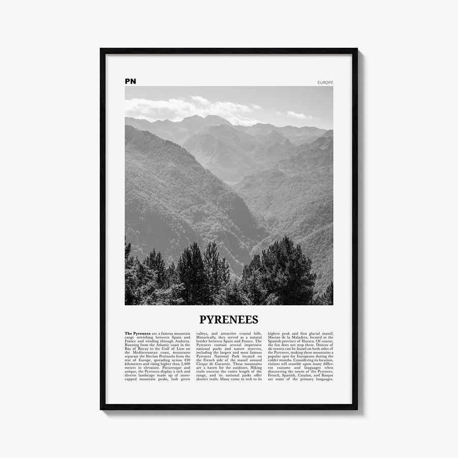 The Pyrenees black & white newspaper poster of Europe – vertical wall art, unframed print shown in interior mockup