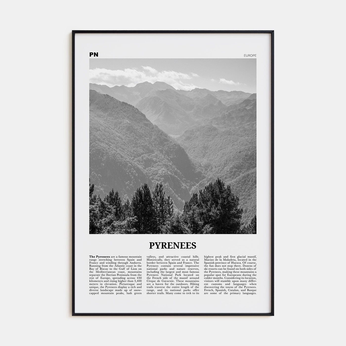 The Pyrenees Poster Black Metal / 8x12 in Nbourhood Travel B&W Poster