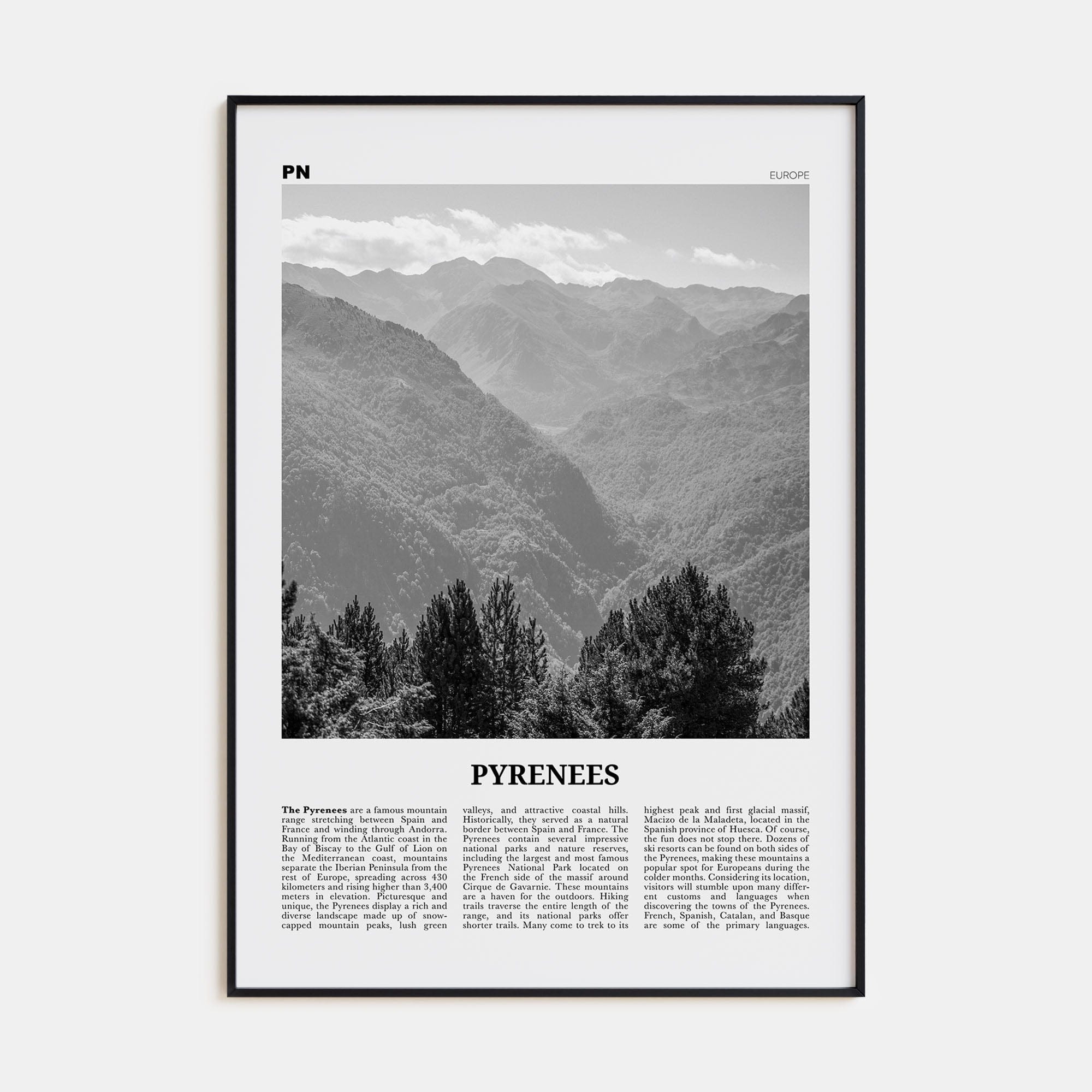 The Pyrenees Poster Black Metal / 8x12 in Nbourhood Travel B&W Poster