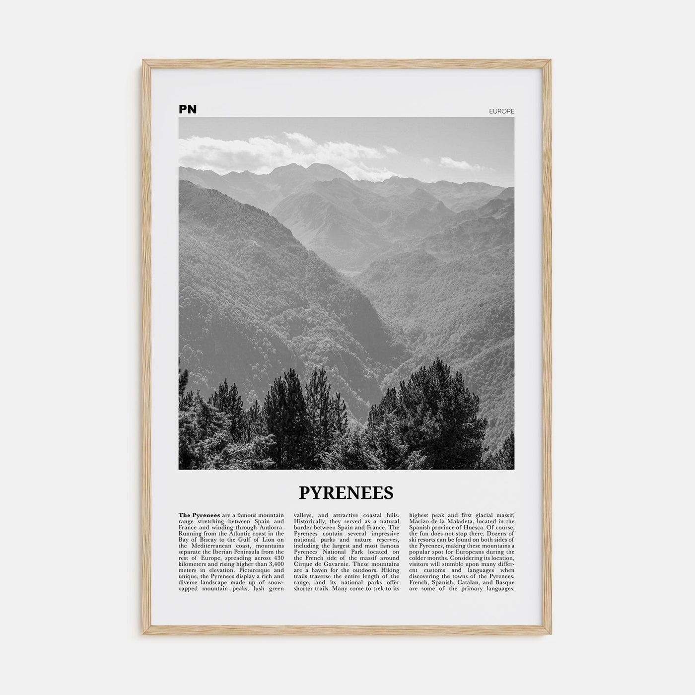 The Pyrenees Poster Natural Wood / 8x12 in Nbourhood Travel B&W Poster