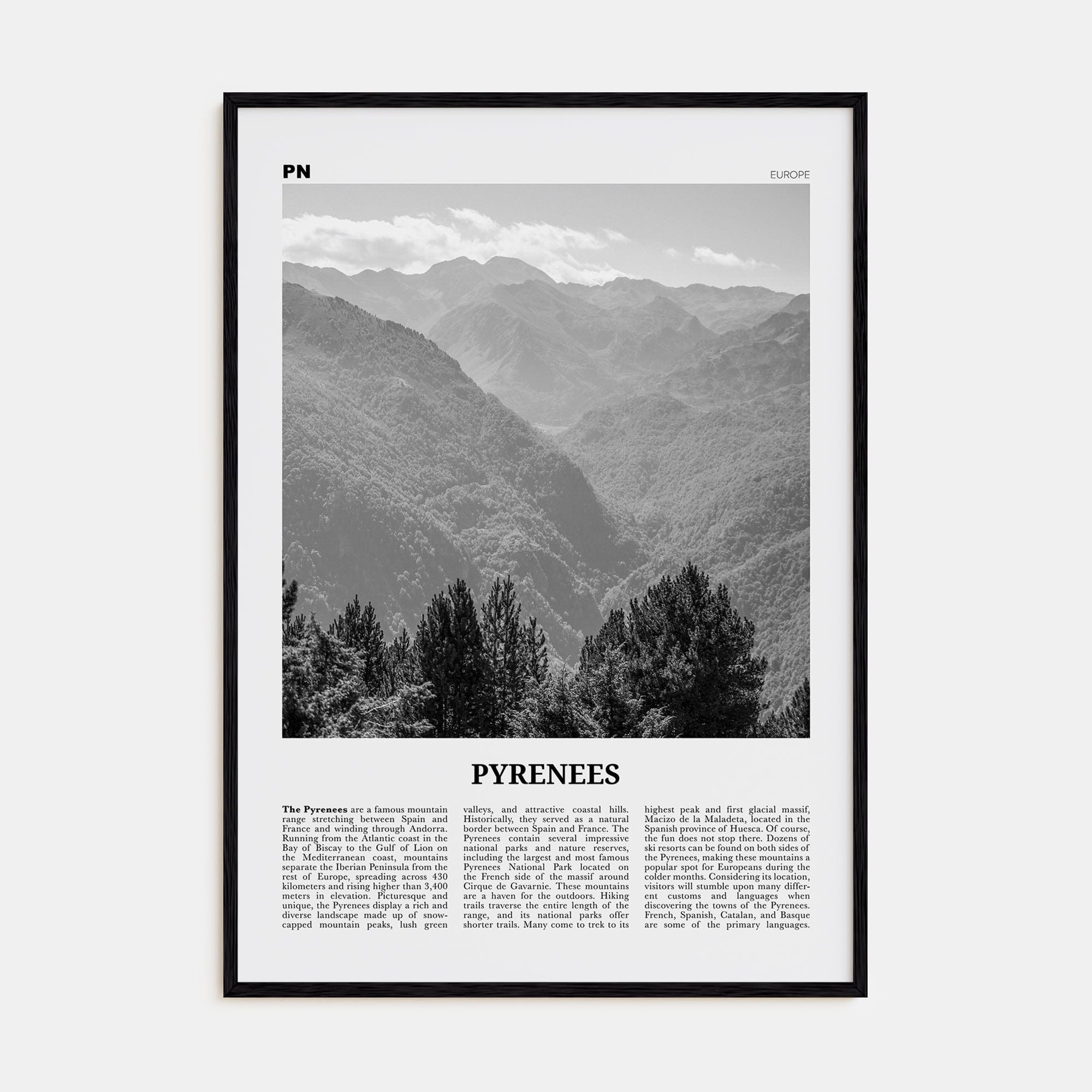 The Pyrenees Poster Black Wood / 8x12 in Nbourhood Travel B&W Poster