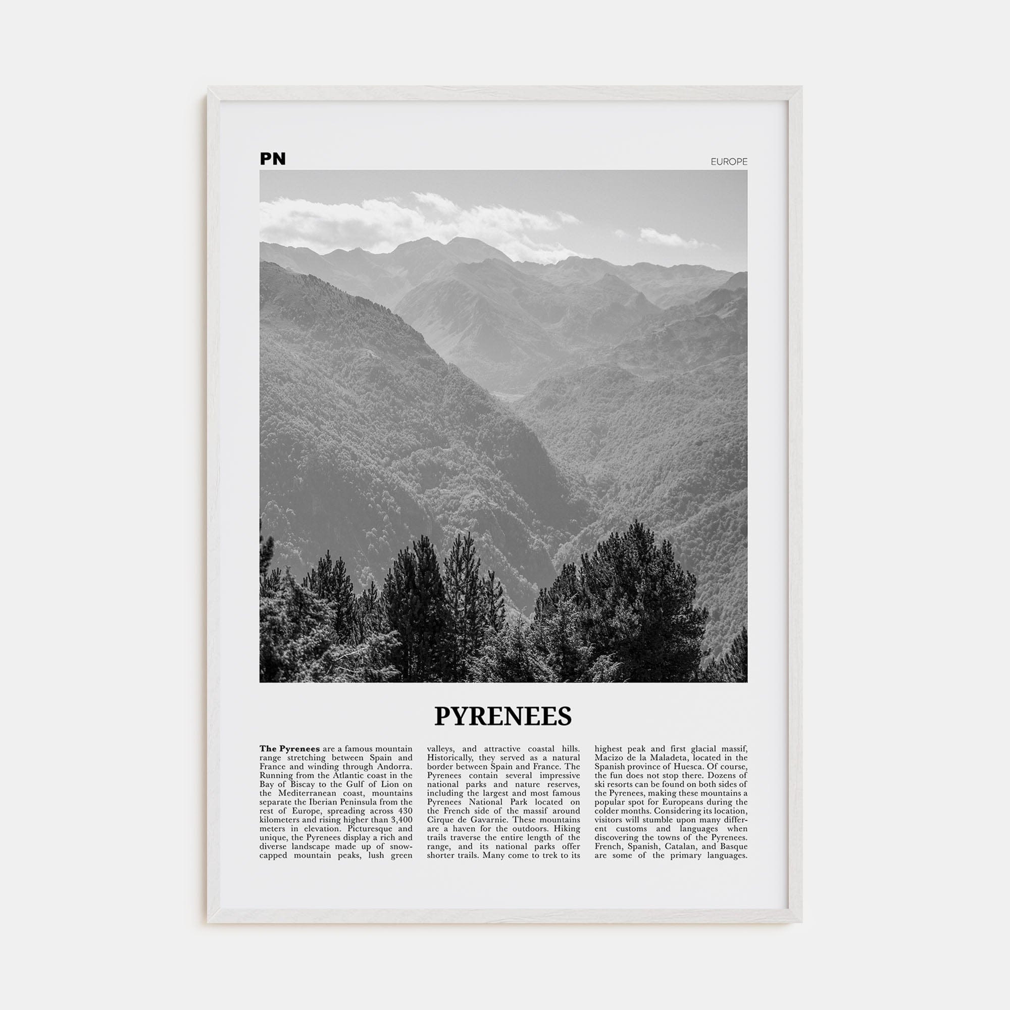 The Pyrenees Poster White Wood / 8x12 in Nbourhood Travel B&W Poster