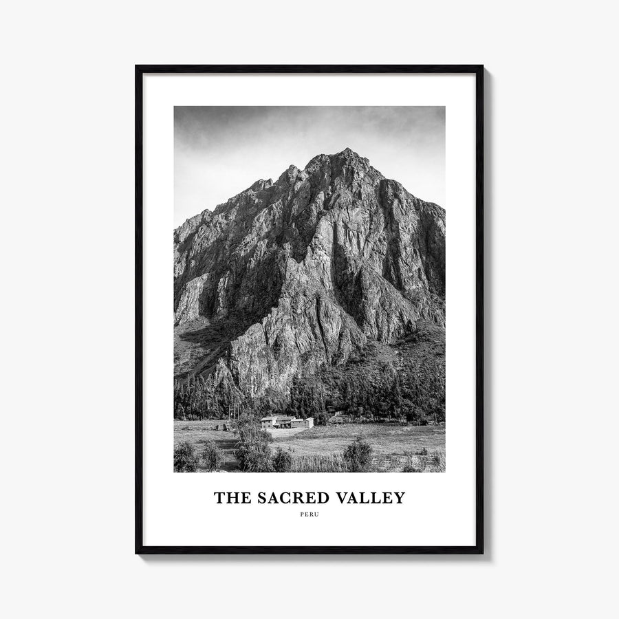 The Sacred Valley black & white classic poster of Peru – vertical wall art, unframed print shown in interior mockup