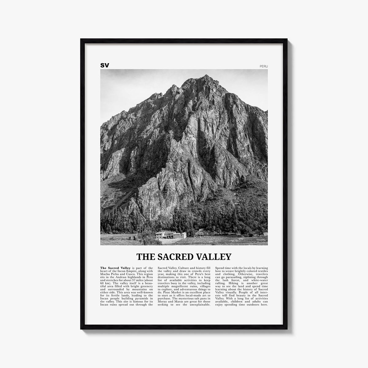 The Sacred Valley black & white newspaper poster of Peru – vertical wall art, unframed print shown in interior mockup
