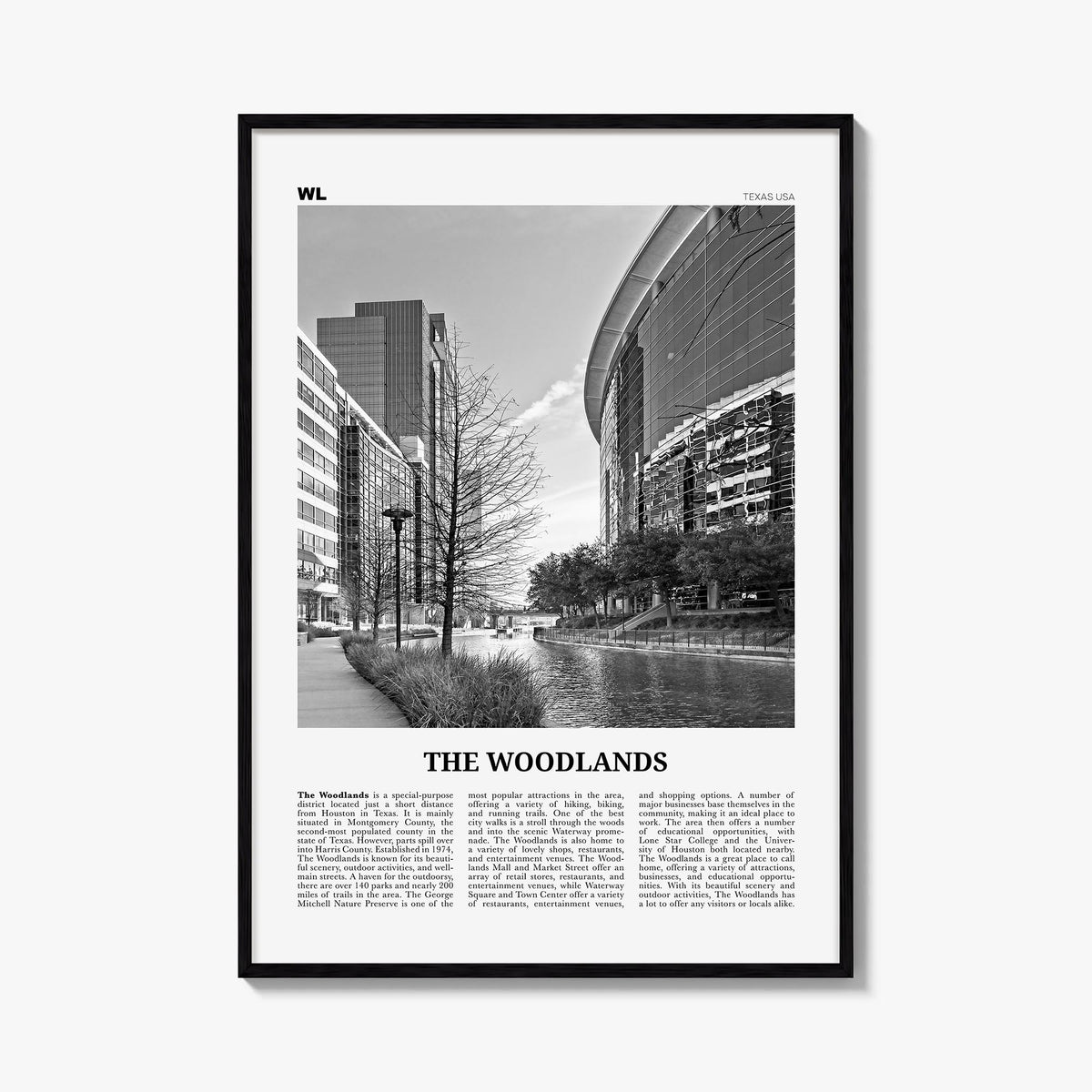 The Woodlands black & white newspaper poster of Texas, USA – vertical wall art, unframed print shown in interior mockup