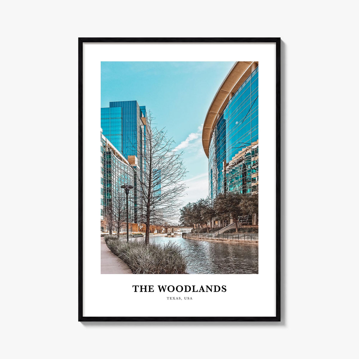 The Woodlands colorful classic poster of Texas, USA – vertical wall art, unframed print shown in interior mockup