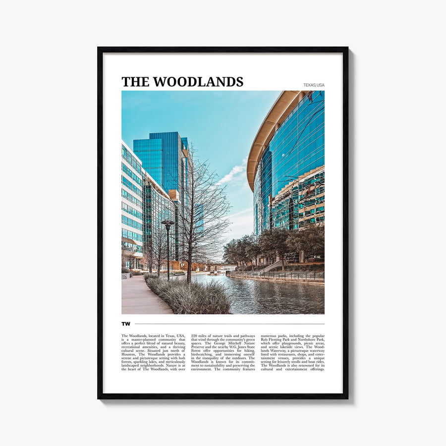 The Woodlands colorful travel poster of Texas, USA – vertical wall art, unframed print shown in interior mockup