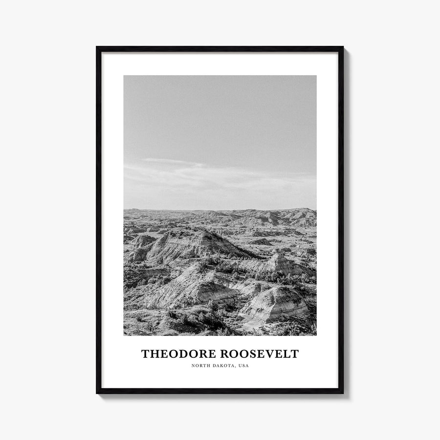Theodore Roosevelt National Park black & white classic poster of North Dakota, USA – vertical wall art, unframed print shown 