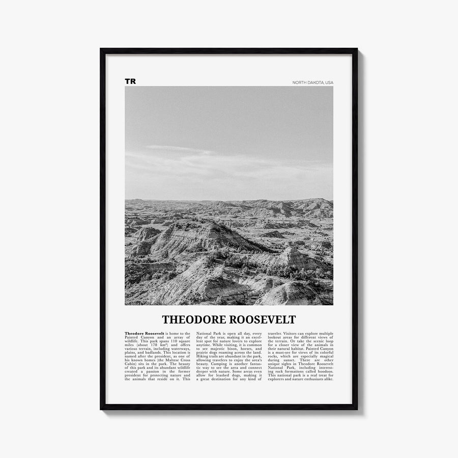 Theodore Roosevelt National Park black & white newspaper poster of North Dakota, USA – vertical wall art, unframed print show