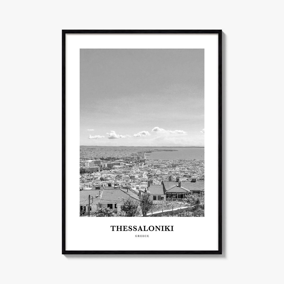 Thessaloniki black & white classic poster of Greece – vertical wall art, unframed print shown in interior mockup