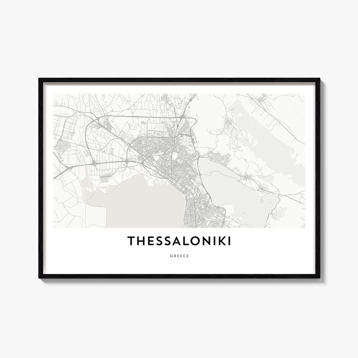 Thessaloniki black & white map poster of Greece – horizontal wall art, unframed print shown in interior mockup