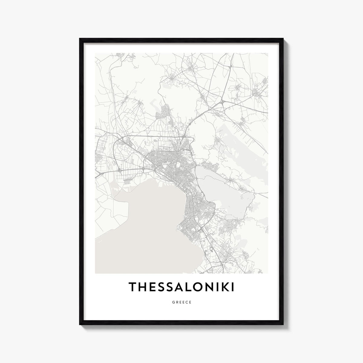 Thessaloniki black & white map poster of Greece – vertical wall art, unframed print shown in interior mockup