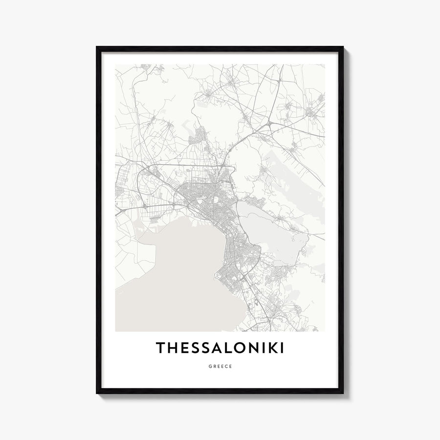 Thessaloniki black & white map poster of Greece – vertical wall art, unframed print shown in interior mockup