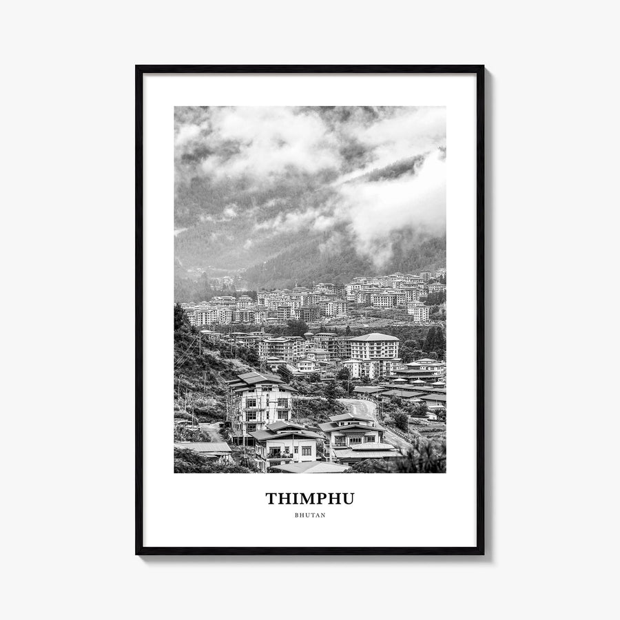 Thimphu black & white classic poster of Bhutan – vertical wall art, unframed print shown in interior mockup
