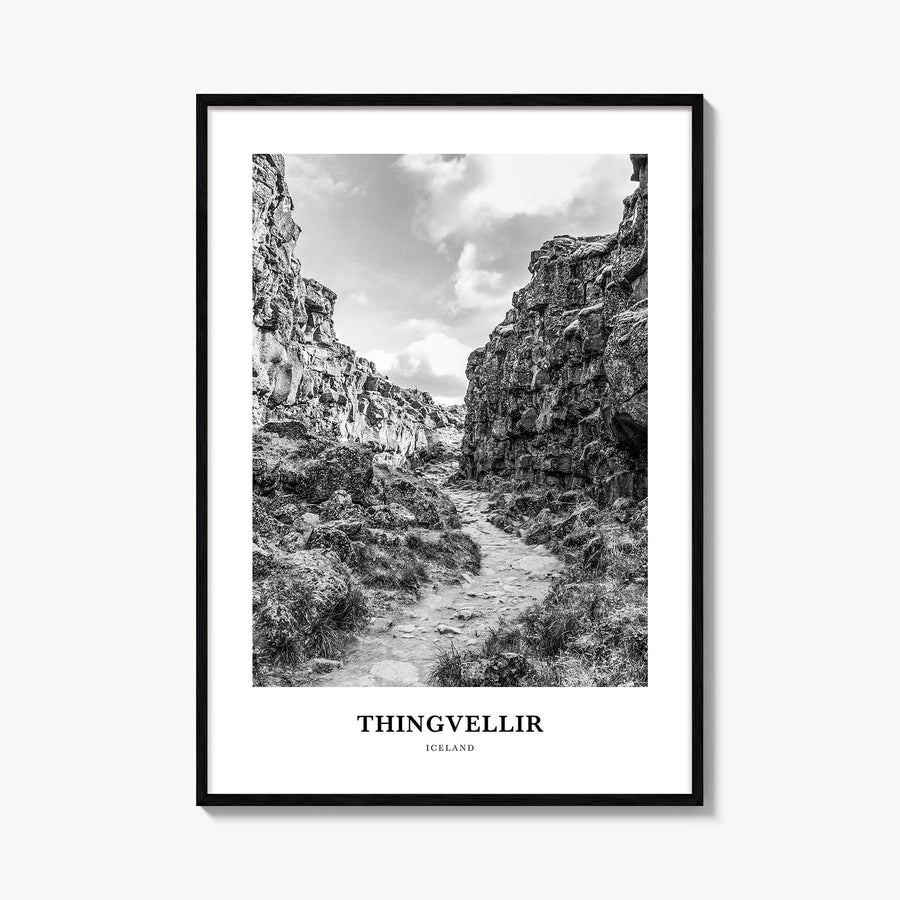 Thingvellir National Park black & white classic poster of Iceland – vertical wall art, unframed print shown in interior mocku