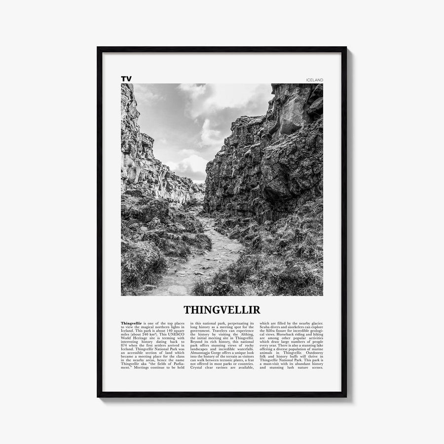 Thingvellir National Park black & white newspaper poster of Iceland – vertical wall art, unframed print shown in interior moc