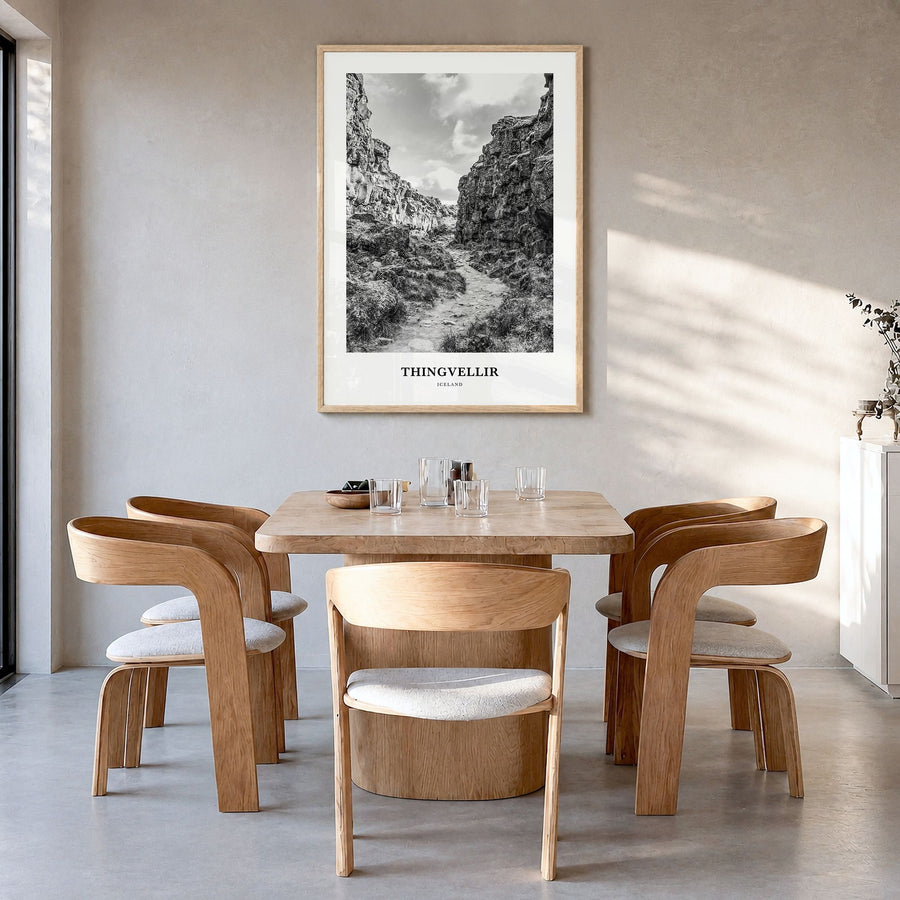 Thingvellir National Park Classic Poster in a natural wood frame, hanging in a dining room