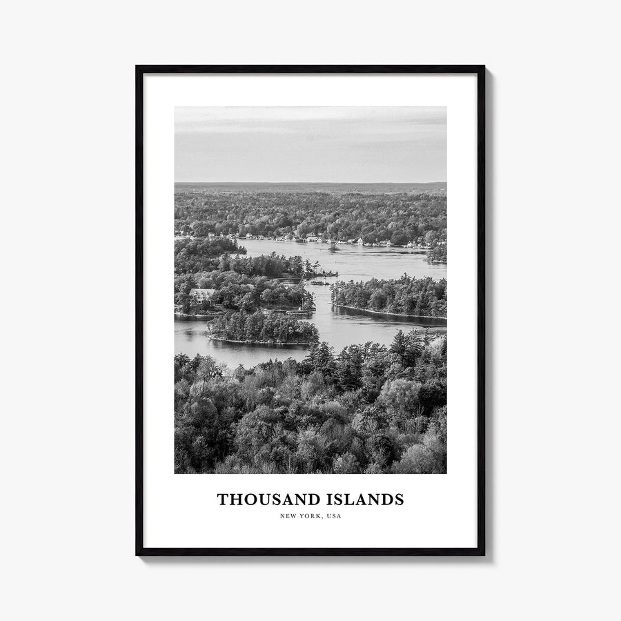 Thousand Islands black & white classic poster of New York, USA & Ontario, Canada – vertical wall art, unframed print shown in