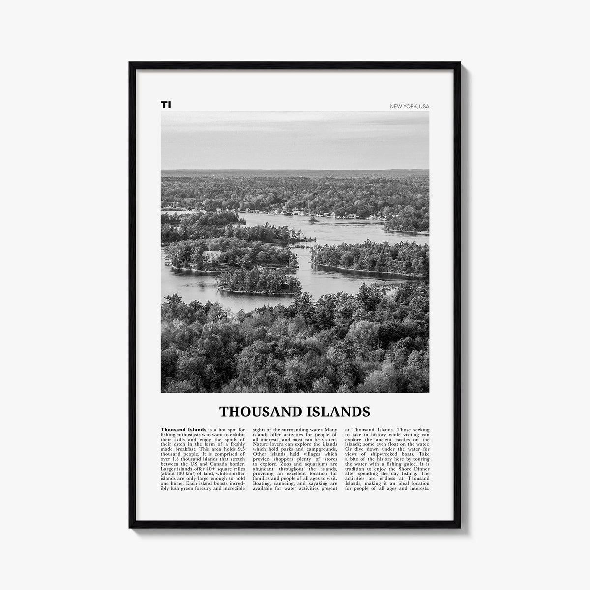 Thousand Islands black & white newspaper poster of New York, USA & Ontario, Canada – vertical wall art, unframed print shown 