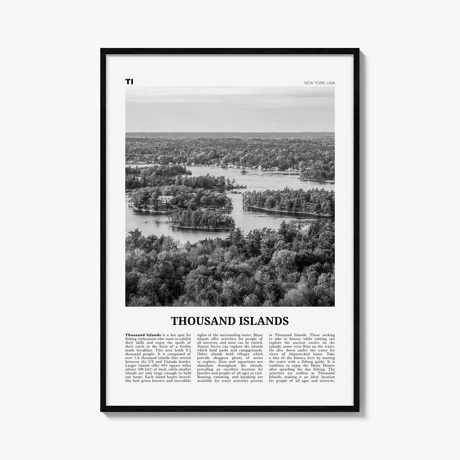 Thousand Islands black & white newspaper poster of New York, USA & Ontario, Canada – vertical wall art, unframed print shown 