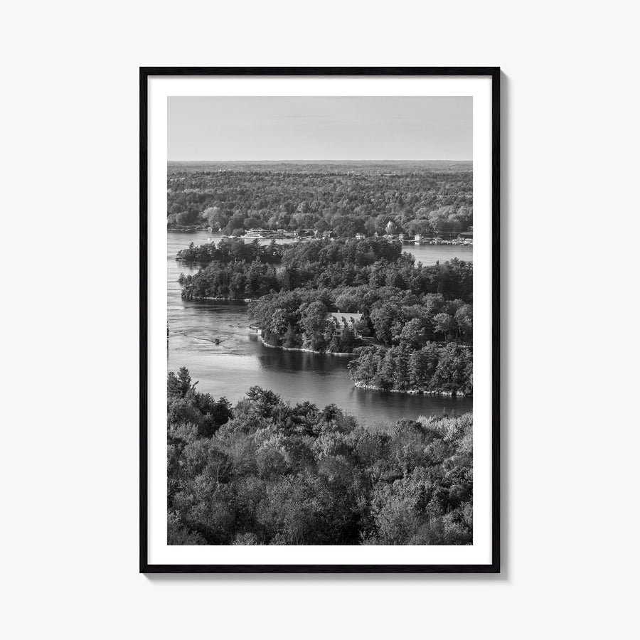 Thousand Islands black & white photo poster of New York, USA & Ontario, Canada – vertical wall art, unframed print shown in i