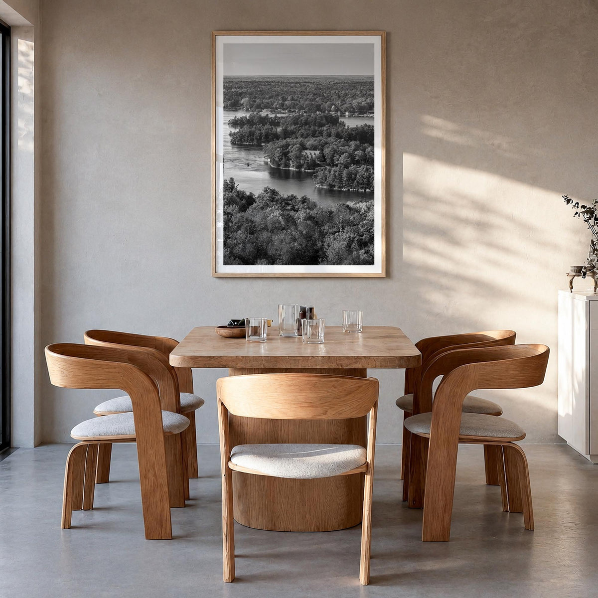 Thousand Islands black & white photo poster of New York, USA & Ontario, Canada – vertical wall art in natural wood frame with