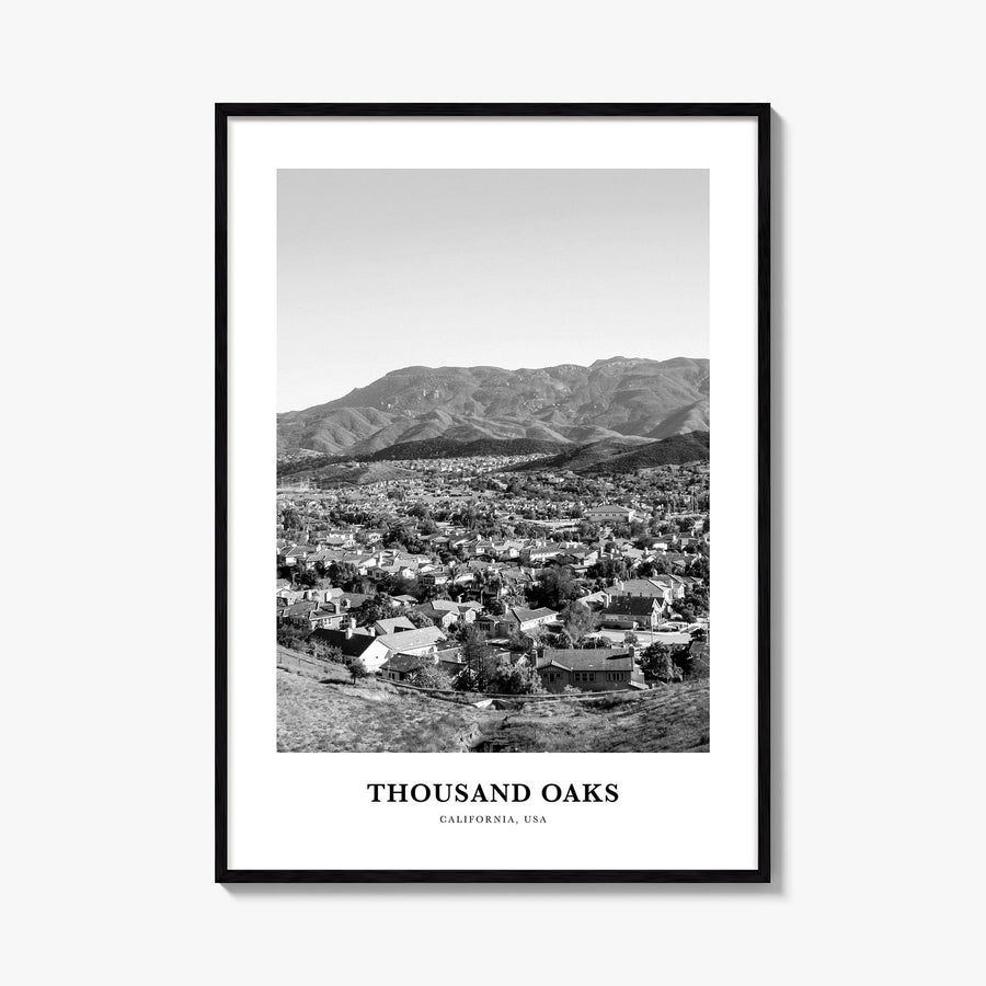 Thousand Oaks black & white classic poster of California, USA – vertical wall art, unframed print shown in interior mockup