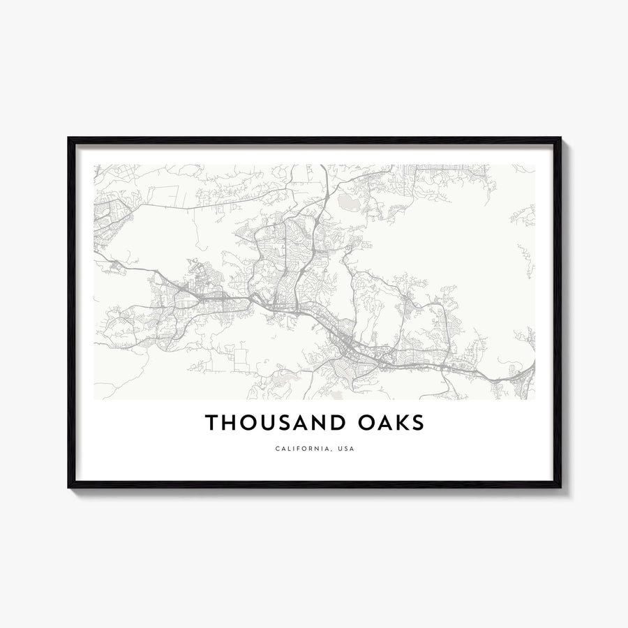 Thousand Oaks black & white map poster of California, USA – horizontal wall art, unframed print shown in interior mockup