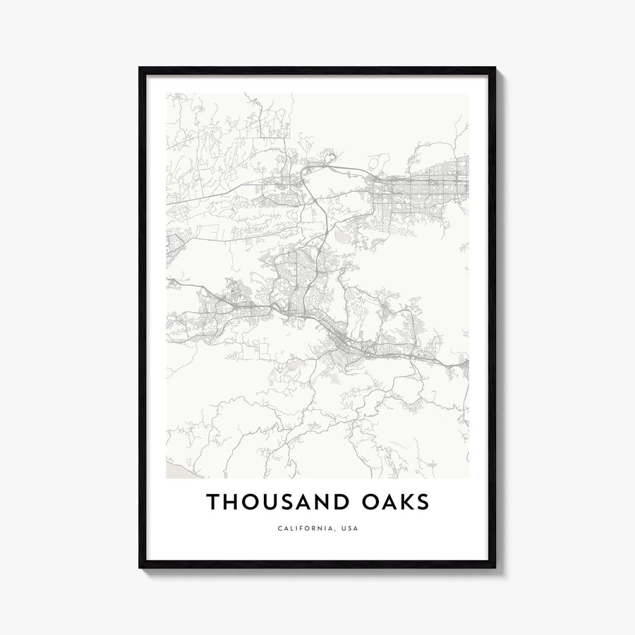 Thousand Oaks black & white map poster of California, USA – vertical wall art, unframed print shown in interior mockup