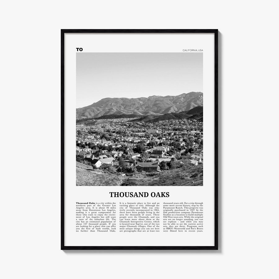 Thousand Oaks black & white newspaper poster of California, USA – vertical wall art, unframed print shown in interior mockup