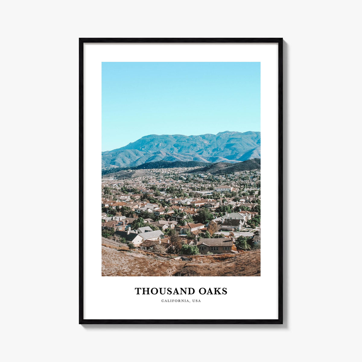 Thousand Oaks colorful classic poster of California, USA – vertical wall art, unframed print shown in interior mockup