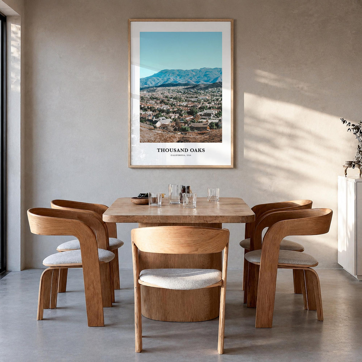 Thousand Oaks colorful classic poster of California, USA – vertical wall art in natural wood frame, hanging on wall