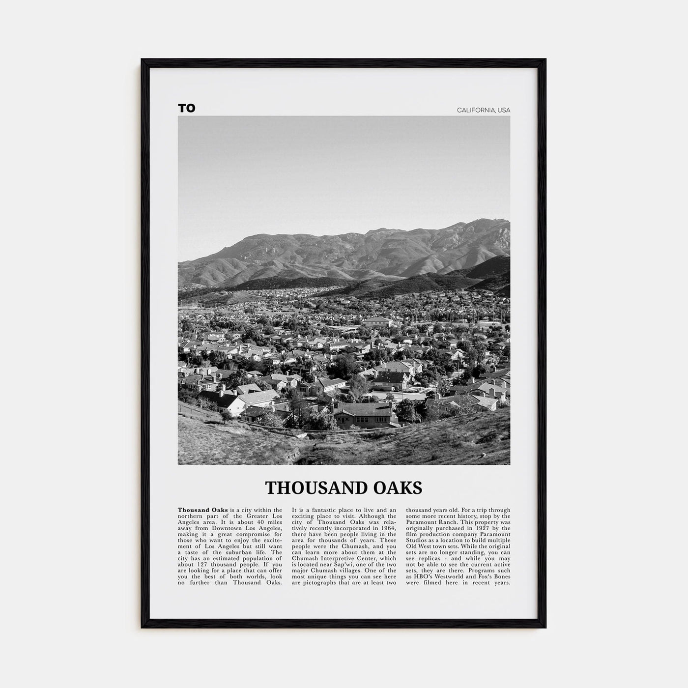 Thousand Oaks Poster Black Wood / 8x12 in Nbourhood Travel B&W Poster