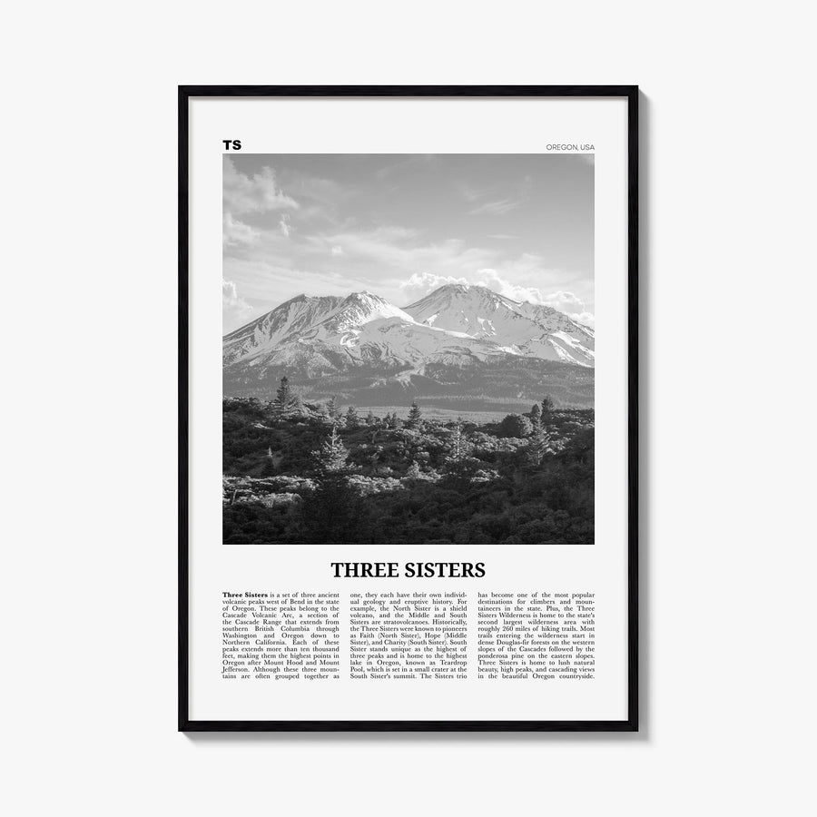 Three Sisters black & white newspaper poster of Oregon, USA – vertical wall art, unframed print shown in interior mockup