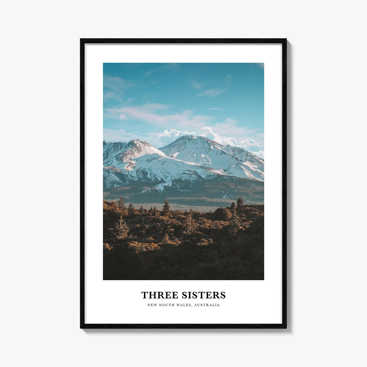 Three Sisters colorful classic poster of Oregon, USA – vertical wall art, unframed print shown in interior mockup