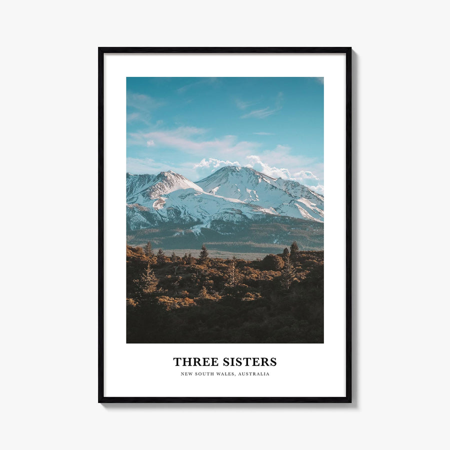 Three Sisters colorful classic poster of Oregon, USA – vertical wall art, unframed print shown in interior mockup